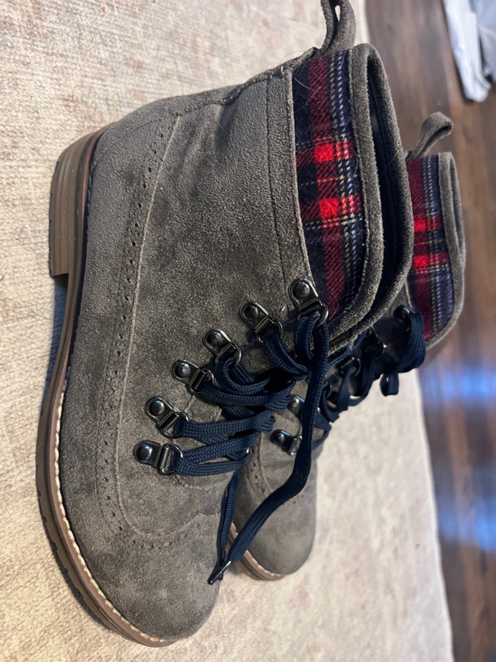 Tommy Hilfiger Gray Suede Ankle Boots with Red Plaid Cuff